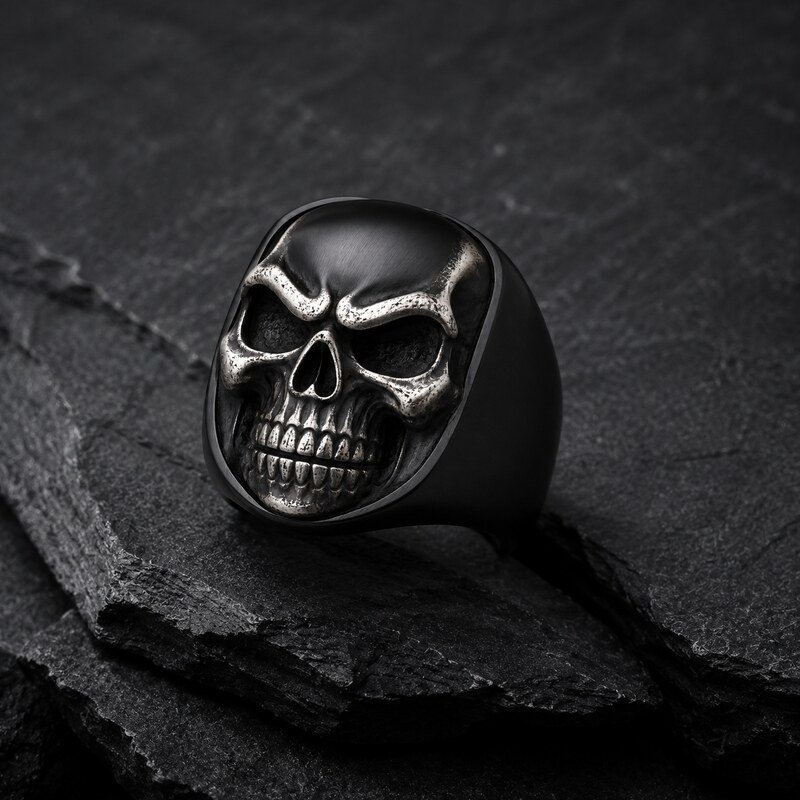Black Stainless Steel Skull Biker Ring - lifestyle product image