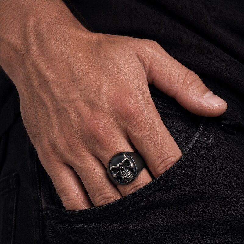 Black Stainless Steel Skull Biker Ring - on-hand view