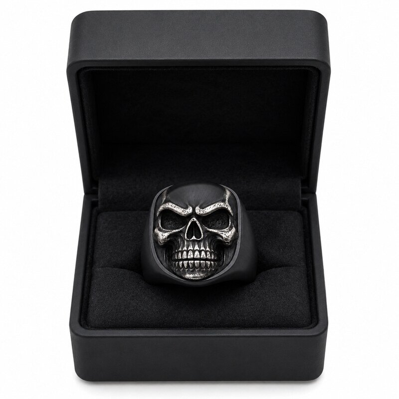 Black Stainless Steel Skull Biker Ring - wholesale packaging image