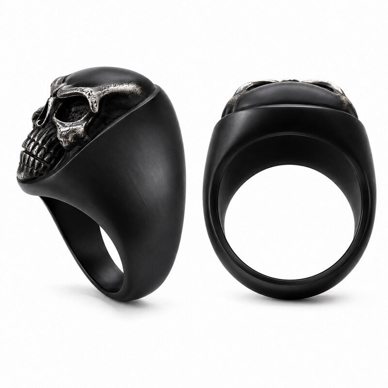 Black Stainless Steel Skull Biker Ring - side and structure view