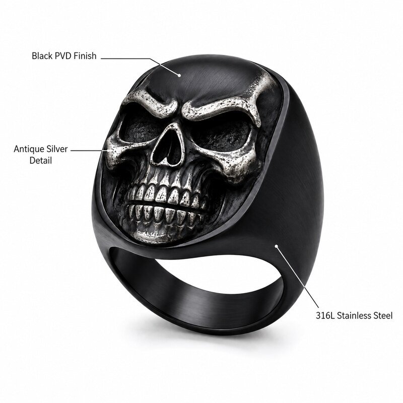 Black Stainless Steel Skull Biker Ring - product specifications image
