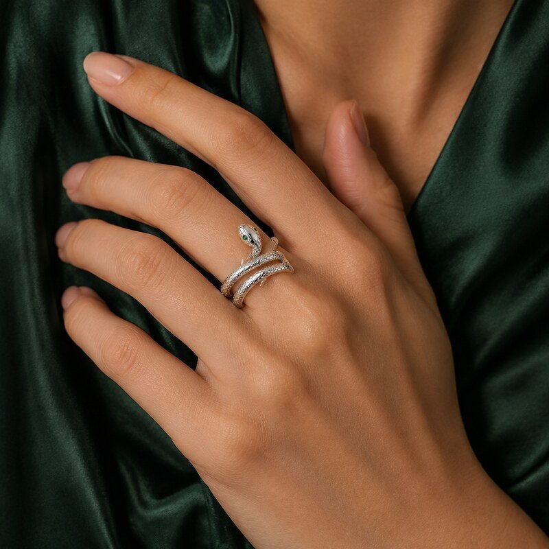 Silver Stainless Steel Snake Ring - on-hand view