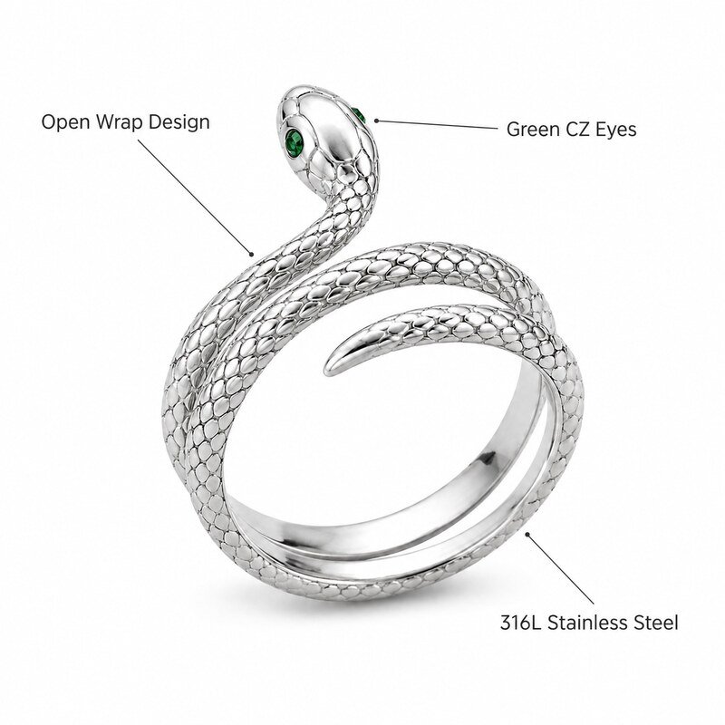 Silver Stainless Steel Snake Ring - product specifications image