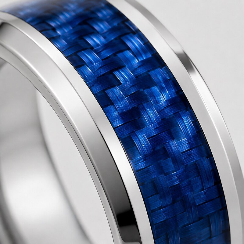 Blue Carbon Fiber Stainless Steel Wedding Band - material and finish detail