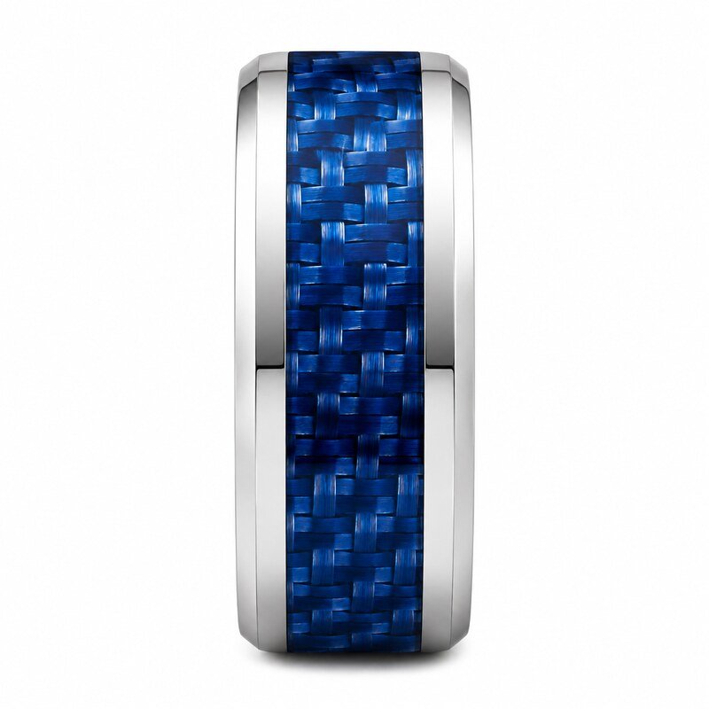 Blue Carbon Fiber Stainless Steel Wedding Band - front view