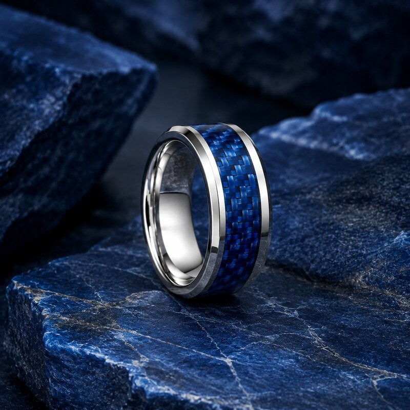 Blue Carbon Fiber Stainless Steel Wedding Band - lifestyle product image