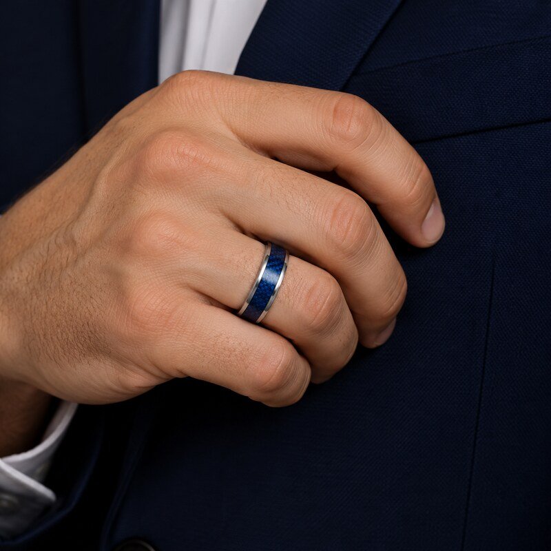 Blue Carbon Fiber Stainless Steel Wedding Band - on-hand view