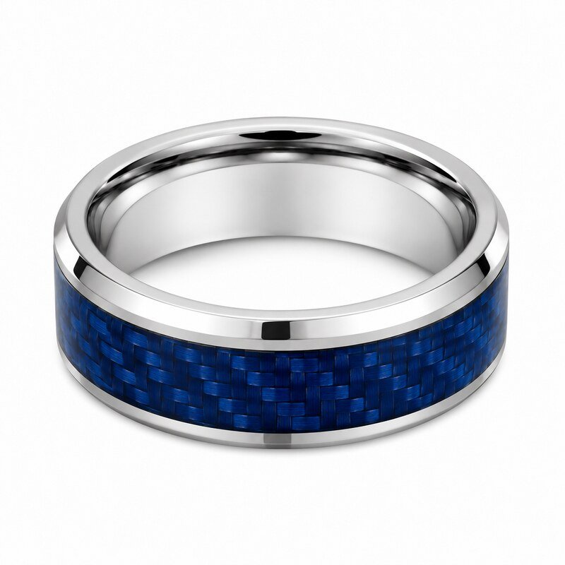 Blue Carbon Fiber Stainless Steel Wedding Band - side and structure view