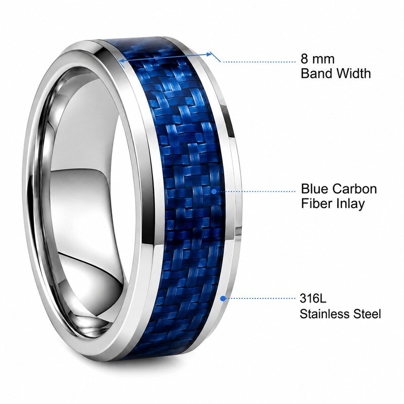 Blue Carbon Fiber Stainless Steel Wedding Band - product specifications image
