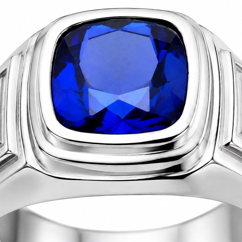 Blue Sapphire Stainless Steel Men's Signet Ring - material and finish detail