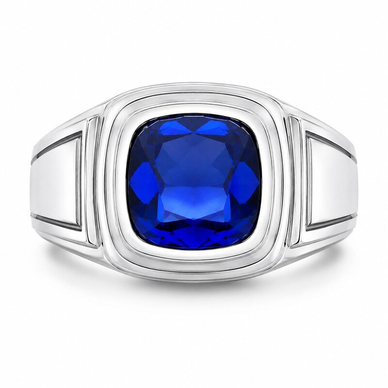 Blue Sapphire Stainless Steel Men's Signet Ring - front view