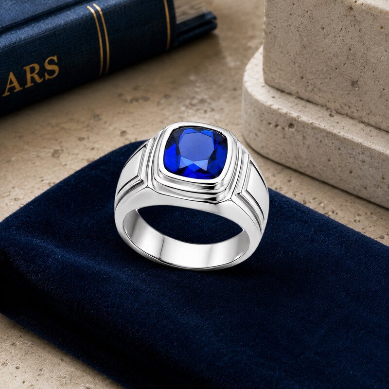 Blue Sapphire Stainless Steel Men's Signet Ring - lifestyle product image
