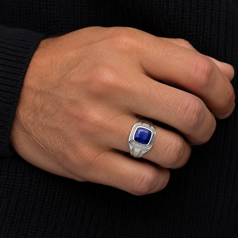 Blue Sapphire Stainless Steel Men's Signet Ring - on-hand view