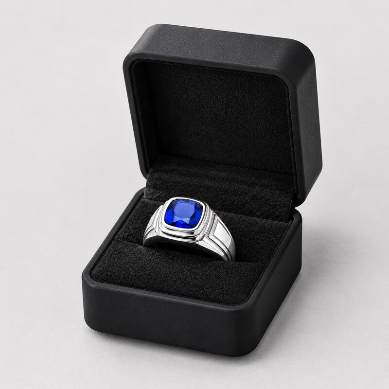Blue Sapphire Stainless Steel Men's Signet Ring - wholesale packaging image