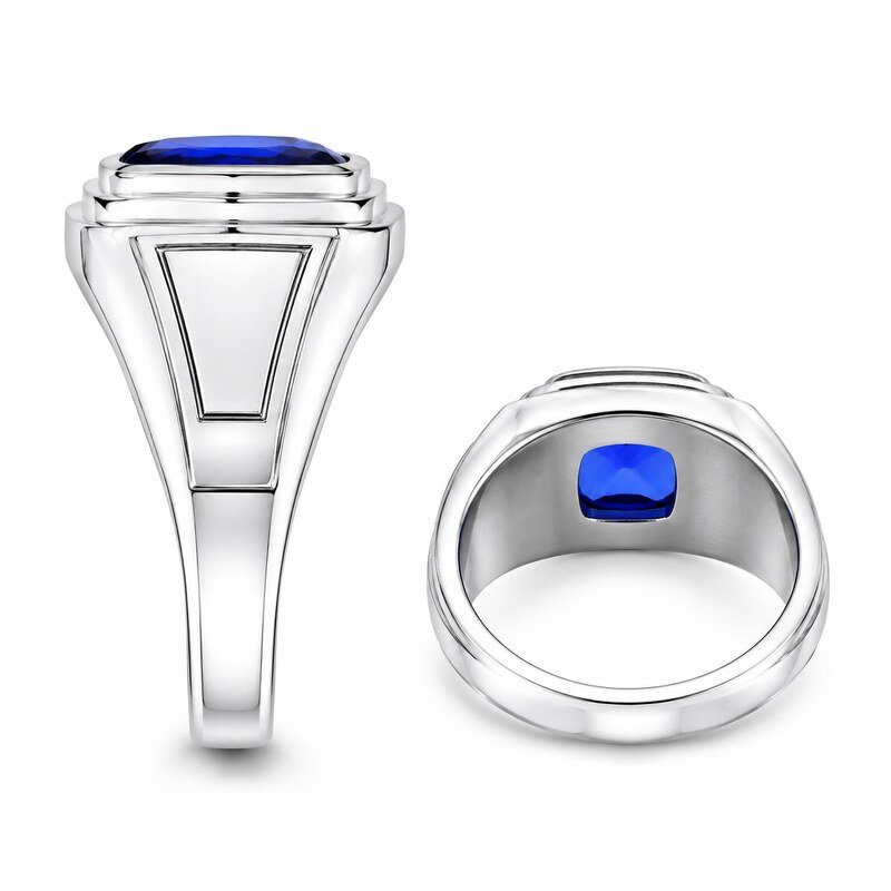 Blue Sapphire Stainless Steel Men's Signet Ring - side and structure view