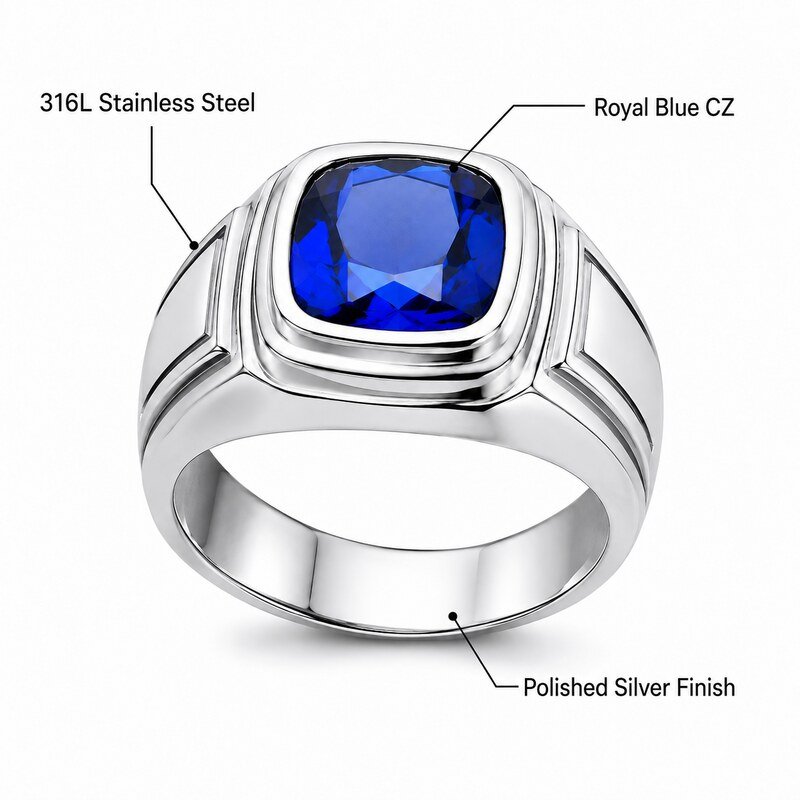 Blue Sapphire Stainless Steel Men's Signet Ring - product specifications image