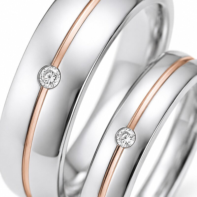 Silver and Rose Gold Stainless Steel Couple Rings - material and finish detail