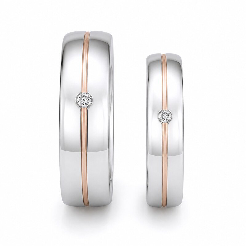 Silver and Rose Gold Stainless Steel Couple Rings - front view