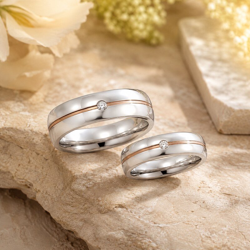 Silver and Rose Gold Stainless Steel Couple Rings - lifestyle product image