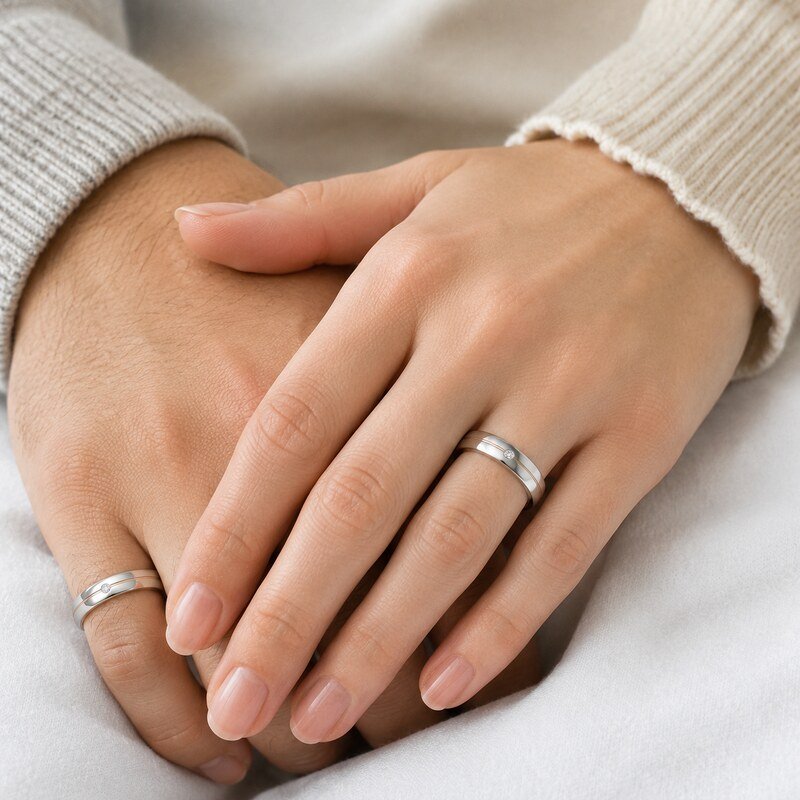 Silver and Rose Gold Stainless Steel Couple Rings - on-hand view