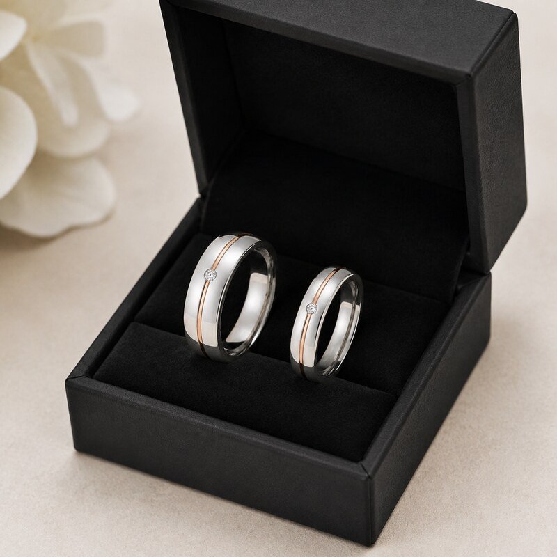 Silver and Rose Gold Stainless Steel Couple Rings - wholesale packaging image