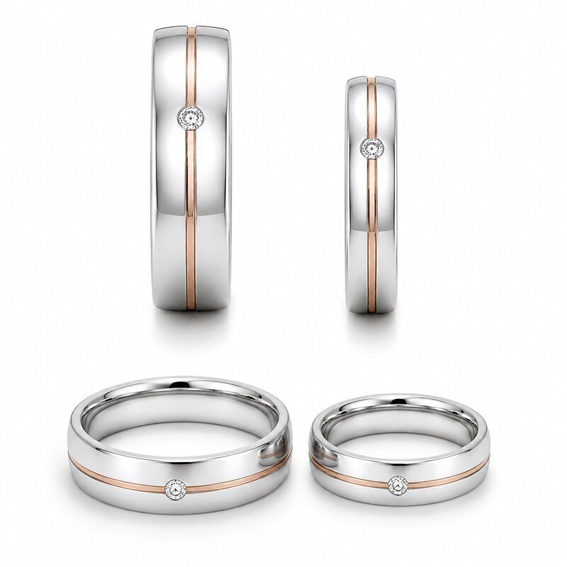 Silver and Rose Gold Stainless Steel Couple Rings - side and structure view