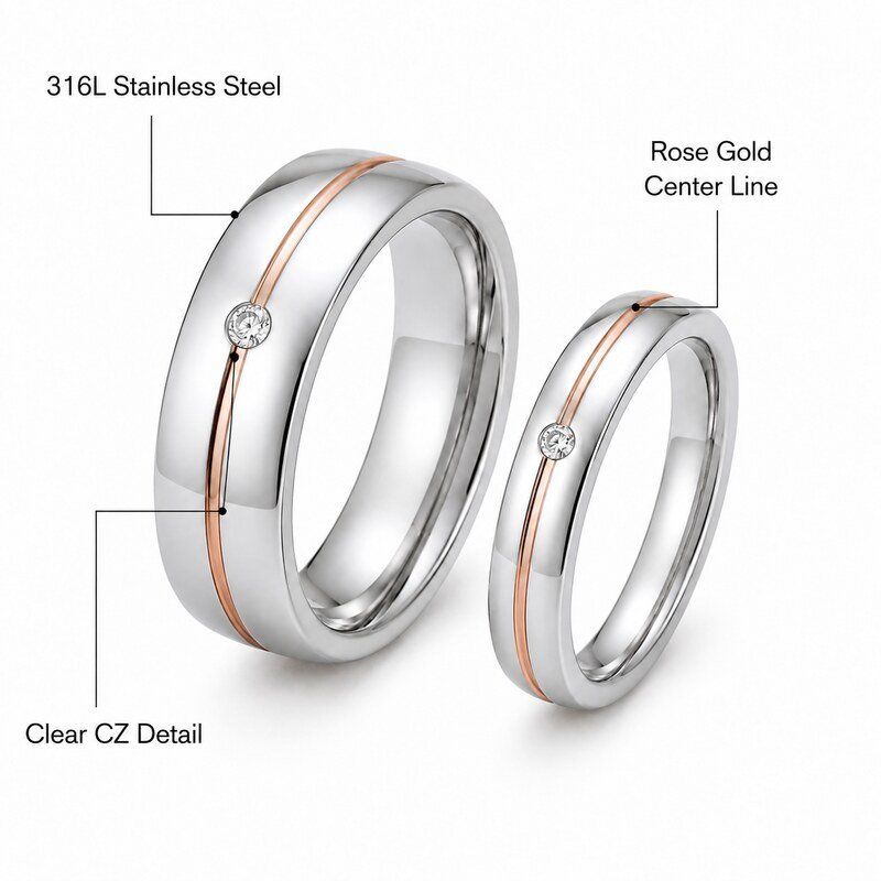 Silver and Rose Gold Stainless Steel Couple Rings - product specifications image