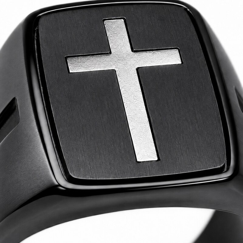 Black Stainless Steel Cross Signet Ring - material and finish detail