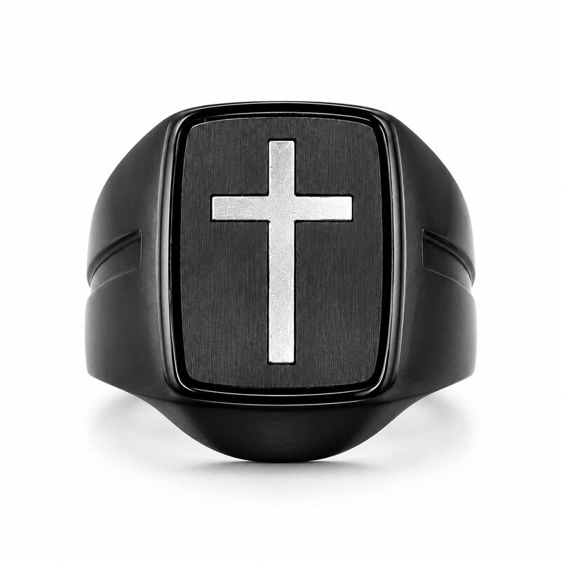 Black Stainless Steel Cross Signet Ring - front view