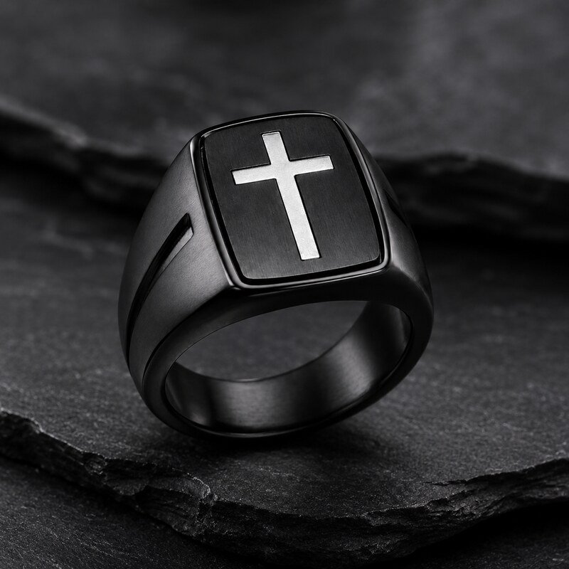 Black Stainless Steel Cross Signet Ring - lifestyle product image