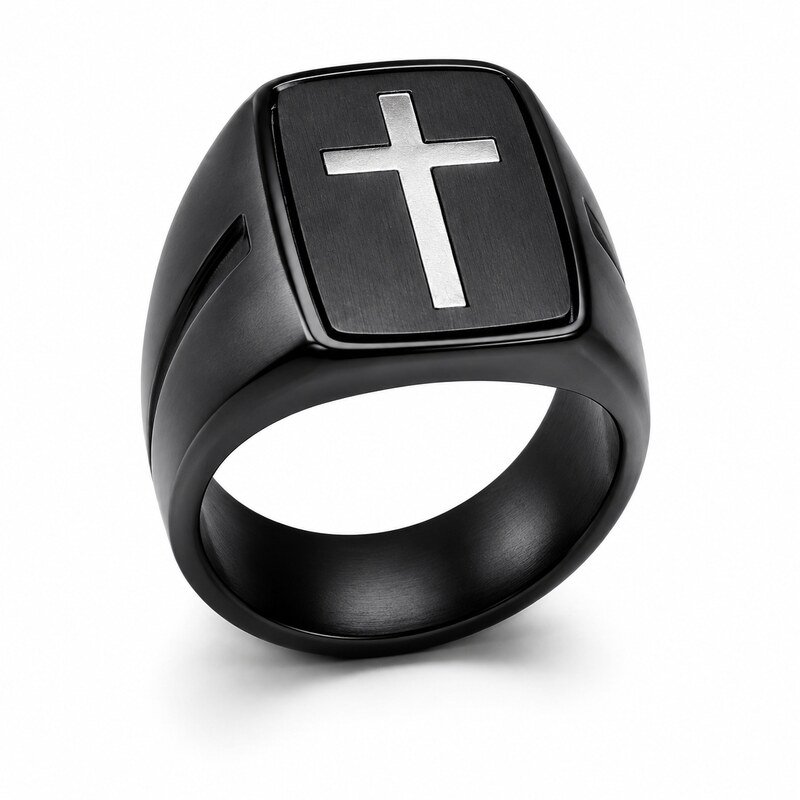 Black Stainless Steel Cross Signet Ring - main product image