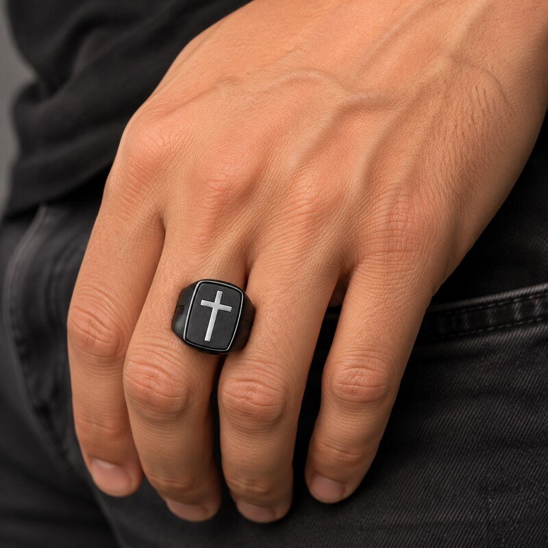 Black Stainless Steel Cross Signet Ring - on-hand view
