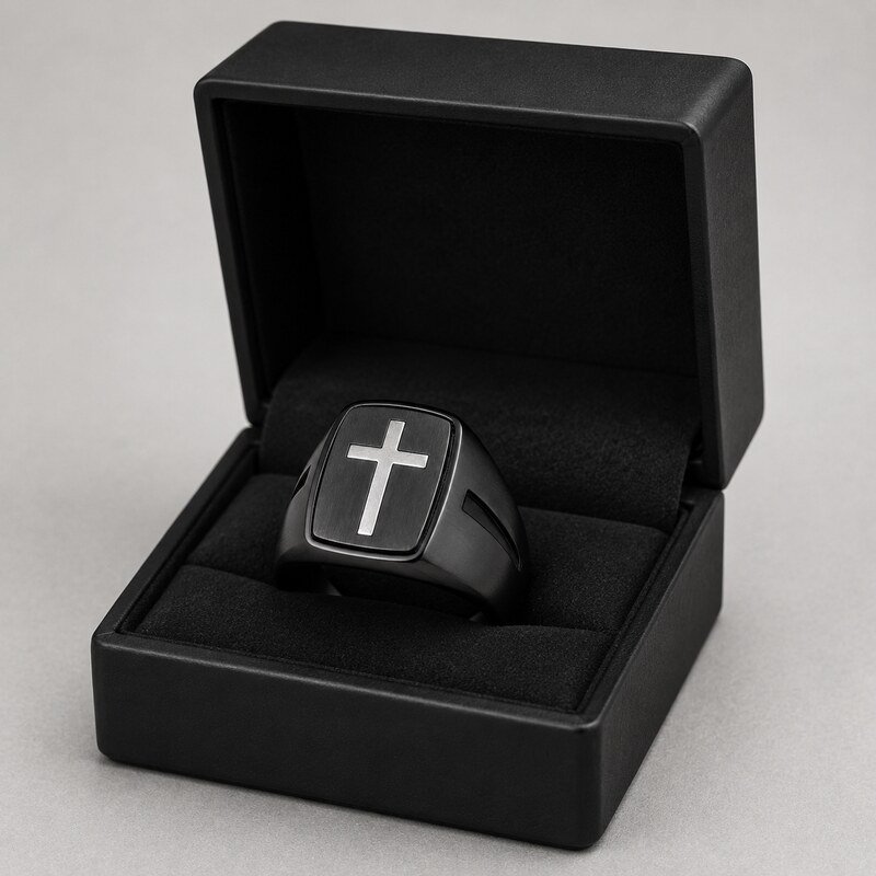 Black Stainless Steel Cross Signet Ring - wholesale packaging image