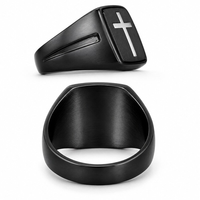 Black Stainless Steel Cross Signet Ring - side and structure view