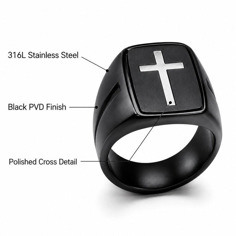 Black Stainless Steel Cross Signet Ring - product specifications image