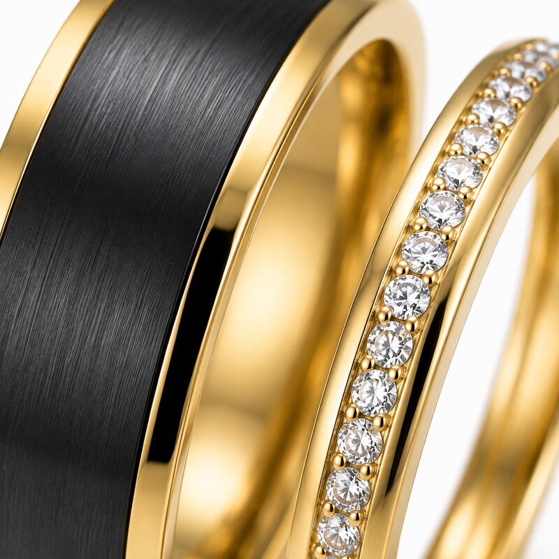 Black and Gold Stainless Steel Couple Wedding Rings - material and finish detail