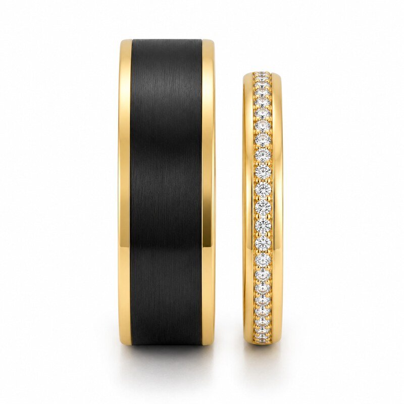Black and Gold Stainless Steel Couple Wedding Rings - front view