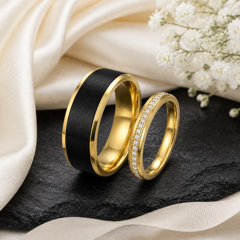 Black and Gold Stainless Steel Couple Wedding Rings - lifestyle product image