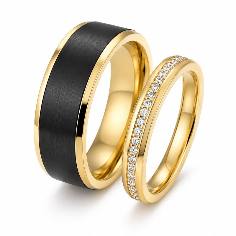 Black and Gold Stainless Steel Couple Wedding Rings - main product image