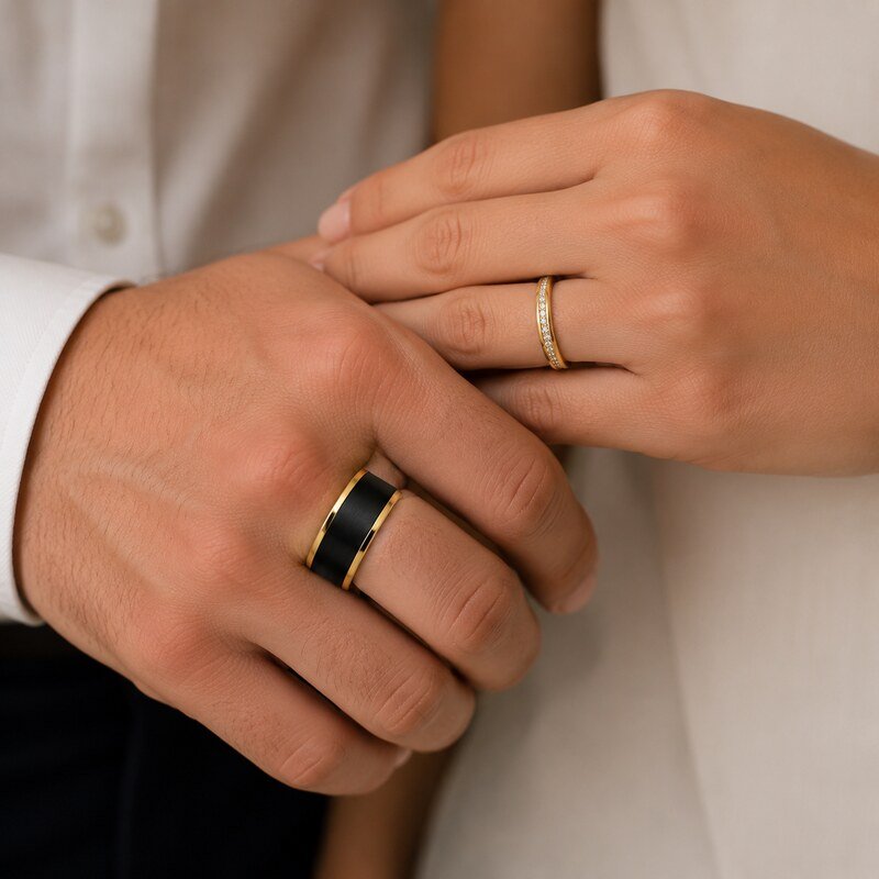 Black and Gold Stainless Steel Couple Wedding Rings - on-hand view