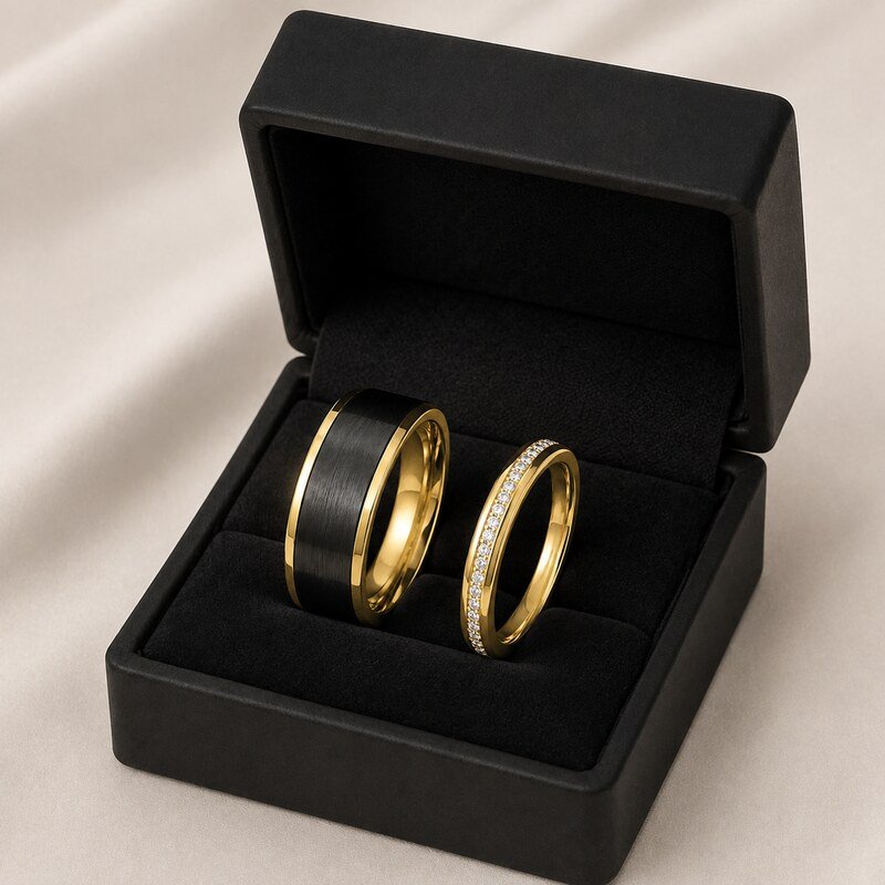 Black and Gold Stainless Steel Couple Wedding Rings - wholesale packaging image