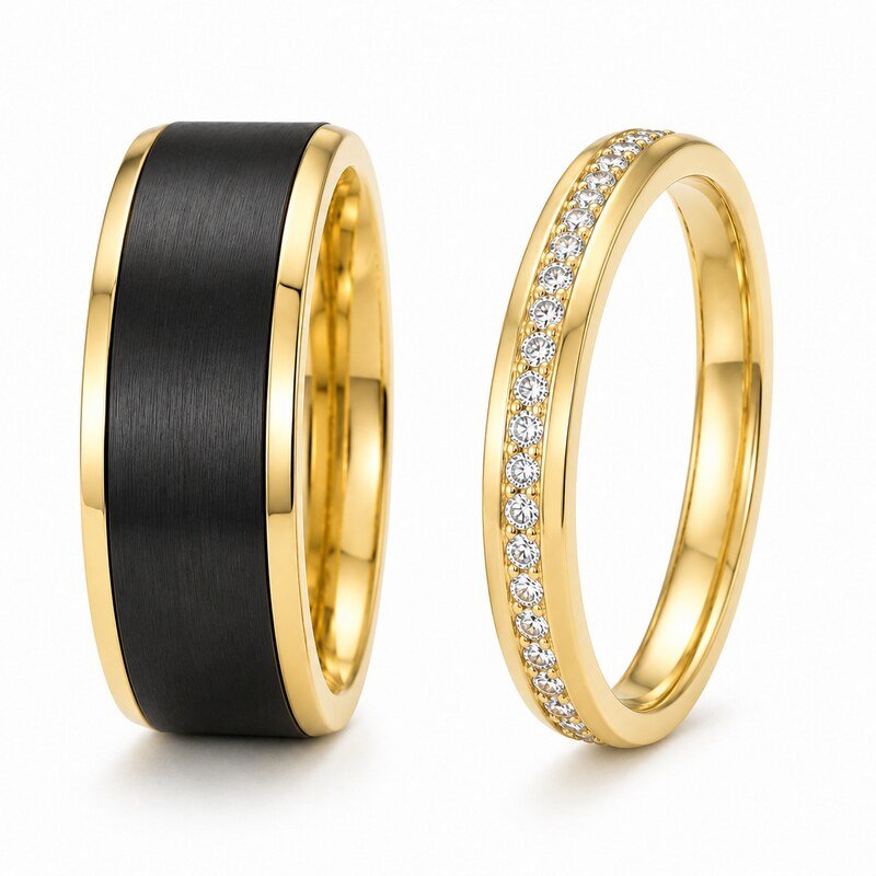 Black and Gold Stainless Steel Couple Wedding Rings - side and structure view