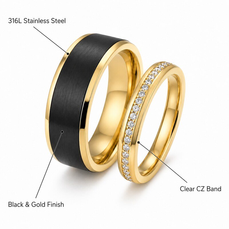 Black and Gold Stainless Steel Couple Wedding Rings - product specifications image