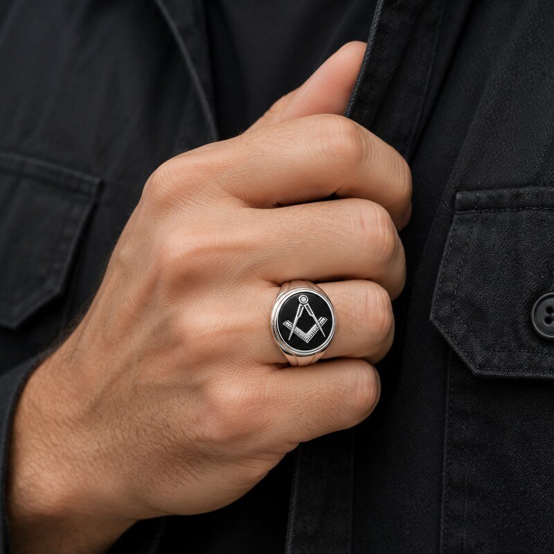 Masonic Stainless Steel Signet Ring - on-hand view