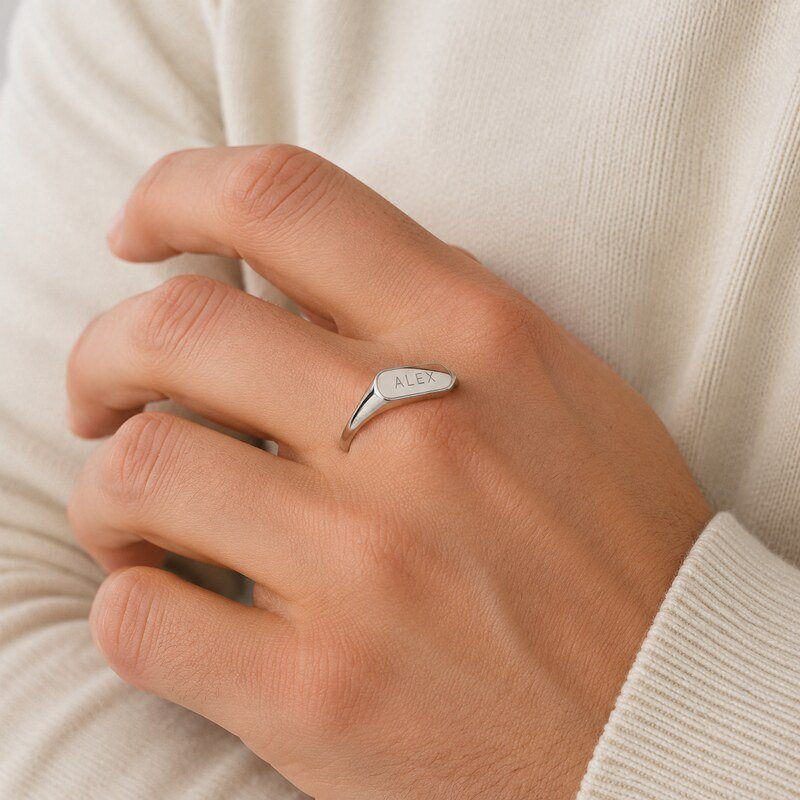 Custom Name Stainless Steel Signet Ring - on-hand view