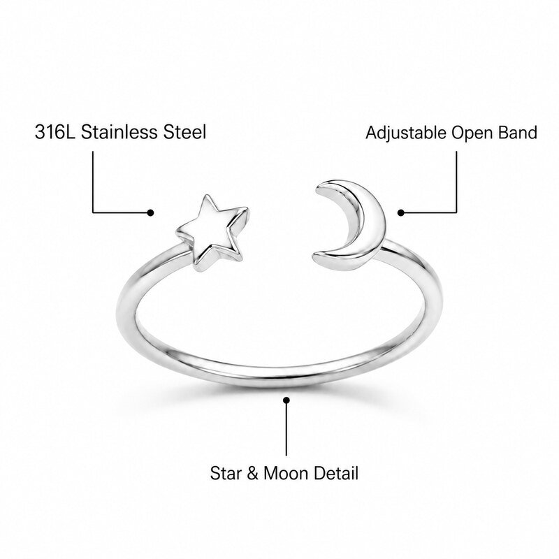 Star and Moon Stainless Steel Adjustable Toe Ring - product specifications image