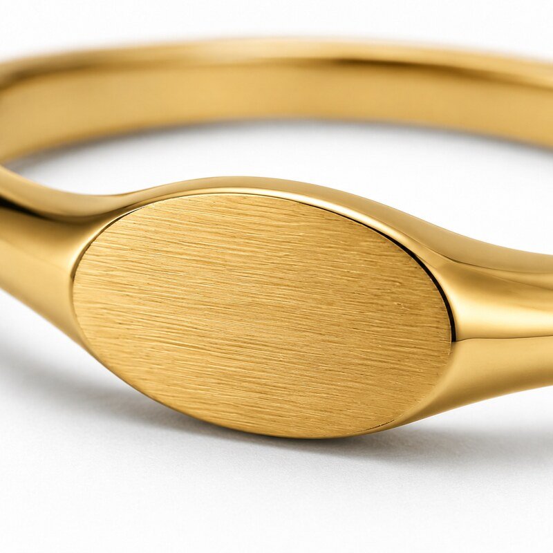 Gold Stainless Steel Oval Pinky Signet Ring - material and finish detail