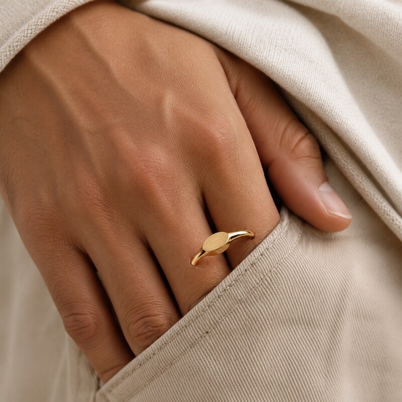 Gold Stainless Steel Oval Pinky Signet Ring - on-hand view