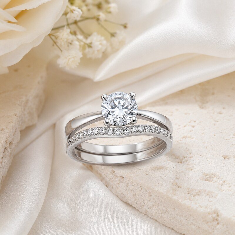 Silver Stainless Steel CZ Bridal Ring Set - lifestyle product image