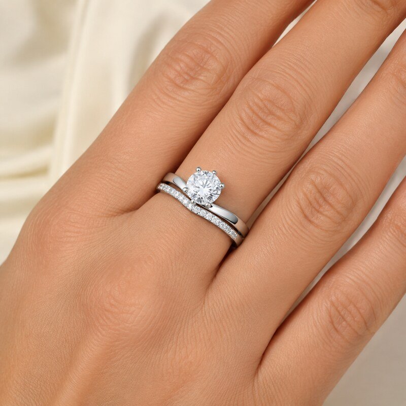 Silver Stainless Steel CZ Bridal Ring Set - on-hand view